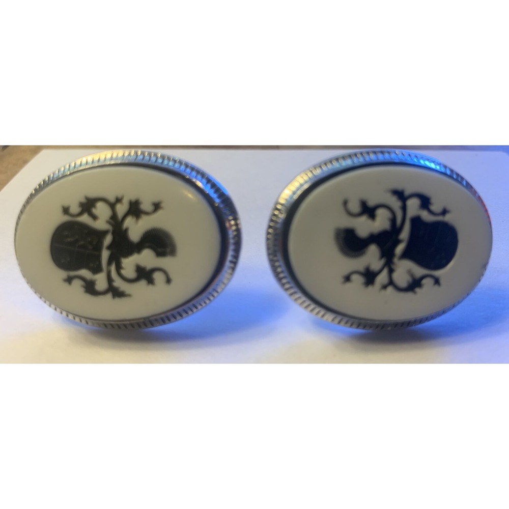 VINTAGE Swank Stone Black Emblem Cuff Links Silver Tone Signed LARGE
